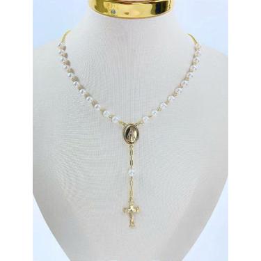 Imagem de Colar Terço Aparecida com Pérola Banho Ouro 2 Milésimos e Verniz Itali