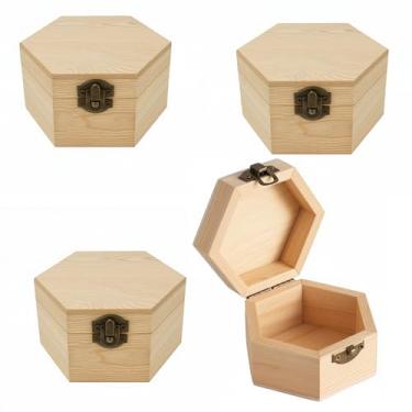 Imagem de 4 peças de caixa de madeira inacabada em forma de hexágono com tampa, caixa de armazenamento de artesanato geométrica de madeira de pinho natural para joias, presente, lembrança e decoração de casa