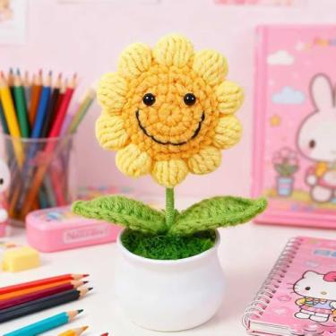 Imagem de Vaso de flores de crochê, vaso de girassol de crochê feito à mão, flores em vasos pequenos, ideais para mesas de casa, varanda, quarto e presentes (girassol)