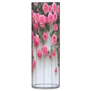 Imagem de Wassud Vaso rosa florescendo cilindro plástico estilo casa de fazenda para decoração de quarto centro de mesa decoração de casa country chique estética