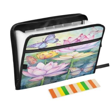 Imagem de Wassud Butterflies and Lotus Organizador de arquivos sanfonado com 13 bolsos, pastas expansíveis com abas e adesivos, tamanho carta A4, organizador de pastas de documentos de recibo de papel para