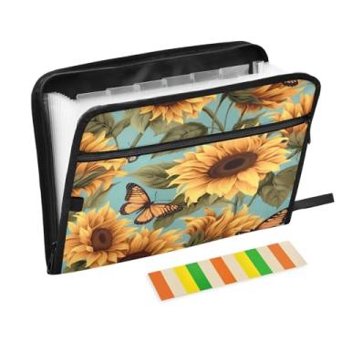Imagem de Wassud Pasta organizadora de arquivos de papel A4 com estampa de borboleta de girassol com etiquetas e pasta de arquivo expansível com 13 bolsos