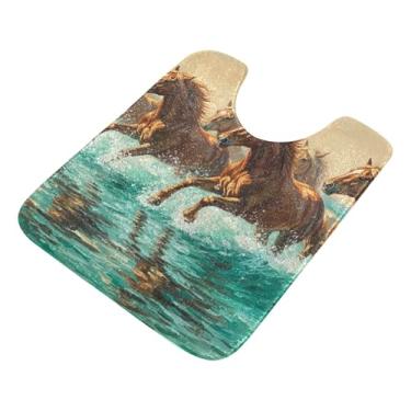 Imagem de Burbuja Tapete de banheiro cavalos galopando no mar, tapete de banho absorvente de pelúcia macio, base antiderrapante para piso de banheiro, oval em forma de U