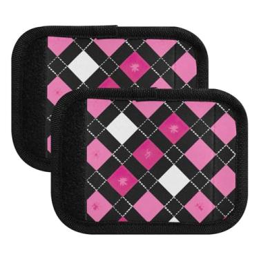 Imagem de Qilmy Pacote com 4 identificadores de bagagem e alça xadrez rosa búfalo para carrinho de bebê, mala de viagem, acessórios de viagem 1428