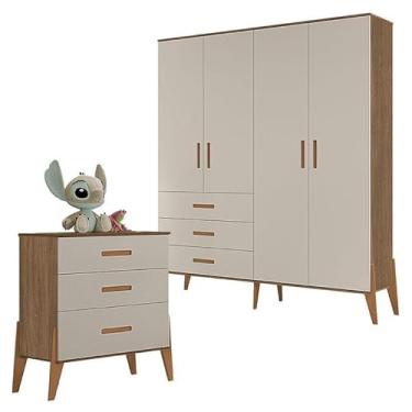 Imagem de Cômoda Gaveteiro com Guarda Roupa Infantil Emilly Carvalho Off White - Canaã