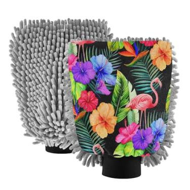 Imagem de STAYTOP Luvas de lavagem de carro flamingos e folhas de palmeira, 2 peças, luvas de microfibra de chenille, sem arranhões, panos de esponja de lavagem ultra absorventes para carros, limpeza doméstica
