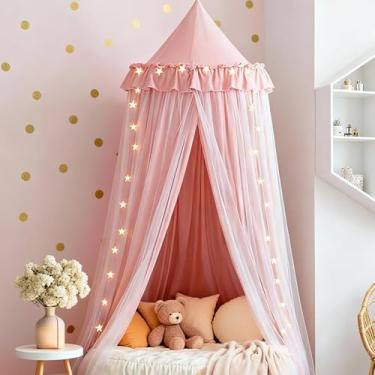Imagem de YEERSWAG Cama De Dossel De Camada Dupla Com Luzes De Estrelas, Cama De Dossel Para Meninas, Cama De Dossel De Tamanho Duplo, Cortina Para Crianças, Tenda De Brincar De Princesa, Decoração De Quarto,