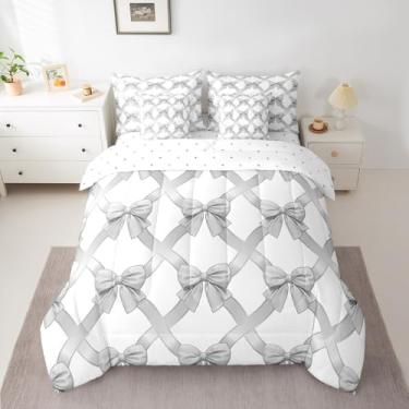 Imagem de Feelyou Conjunto de cama Coquette Bows, 7 peças, lençol de casal, com laço, prata, cinza, em uma bolsa com edredom, lençóis, fronhas para meninos e adolescentes, conjunto de cama com laço e laço fofo
