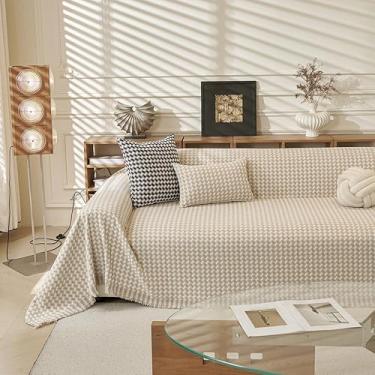 Imagem de ROOMLIFE Capa de sofá boho cáqui quadriculada espessa para sofá de 2 a 3 almofadas, capas de sofá secionais de chenille, capas de sofás seccionais para cães, antiderrapante, lavável, protetor de
