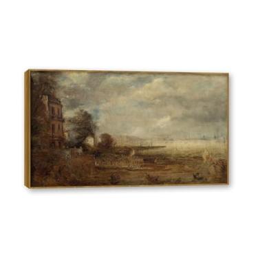 Imagem de Moldura de madeira de teca. Mural com moldura de madeira maciça John Constable Pintura de paisagem Arte de romance Arte de parede elegante emoldurada. (Sem título 67). 60 x 102 cm
