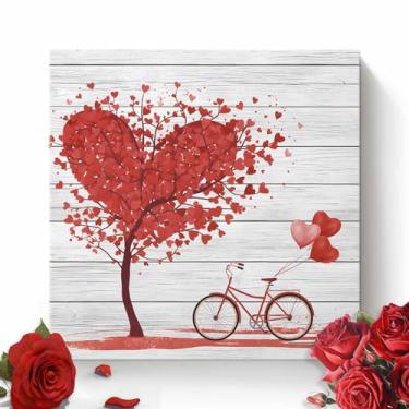 Imagem de Arte de parede em tela emoldurada de Dia dos Namorados para decoração de parede de árvore do amor, bicicletas, balões de coração, pinturas estéticas de grão de madeira para quarto, escritório, cozinha
