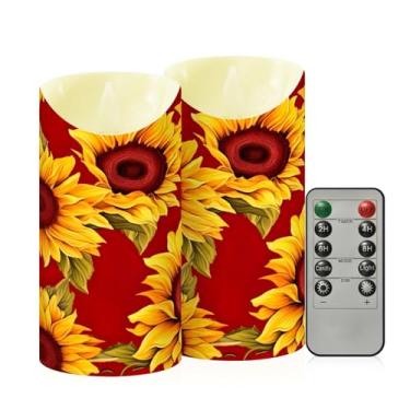 Imagem de Wassud Pacote com 2 velas sem chama com padrão de girassol com controle remoto, velas realistas cintilantes com temporizador, velas decorativas para Natal, casamento, festa, decoração de casa média