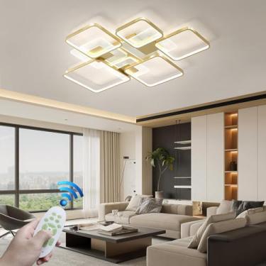 Imagem de Luminária de teto moderna, grande, em alumínio, para interiores, com LED dimerizável, 131W, formato retangular dourado, com controle remoto, design criativo de 5 anéis de luz, ideal para sal