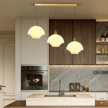 Imagem de Luminária pendente moderna dourada E27 com cúpula de vidro criativa para ilha de cozinha, lustre de vidro branco para restaurante com altura ajustável, adequada para mesa de jantar, escritór