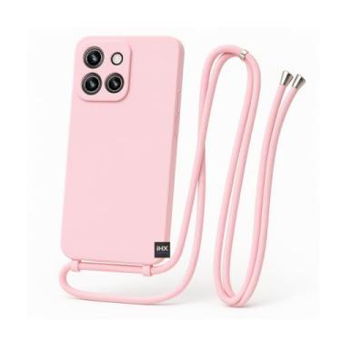 Imagem de Capa Case Capinha Para Motorola Moto G15 Silicone Com Cordão Alça De Pescoço Ajustável Veludo Premium (ROSA IOGURTE)
