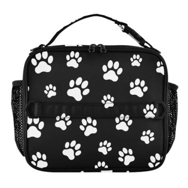 Imagem de Lancheira preta com estampa de pata de cachorro branca para mulheres, meninas, lancheira, personalizada, infantil, masculina, lancheira para trabalho, bolsa térmica portátil para meninos