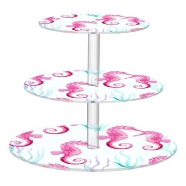 Imagem de Cavalo-marinho rosa planta aqua branco suporte de cupcake para festa de chá 3 camadas redondo acrílico display copo torre de bolo decoração de mesa engraçada bandeja de servir comida suprimentos de