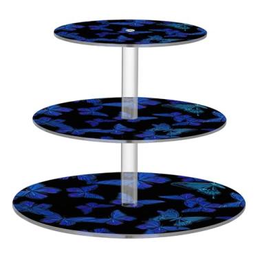Imagem de Joitme Borboletas de flor de crisálida azul, 3 camadas, suporte de cupcake para festa, acrílico, torre de cupcake, suporte de mesa, exibição de mesa, bandejas de comida para servir rosquinhas