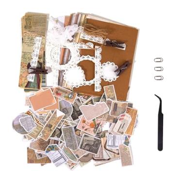 Imagem de Flartmo Kit completo de 284 peças para scrapbook, papel e adesivos vintage Old Times, kit de suprimentos de scrapbook para diário, enfeites de scrapbook, agenda, cartão