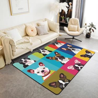 Imagem de jejeloiu Boston Terrier Tapete infantil 12 x 18 cm, fofo, cachorro, sala de estar, para quarto, kawaii, colorido, quadriculado, tapete de poliéster para decoração de quarto