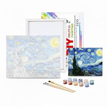 Imagem de Kit Pintura por Números “Noite Estrelada Van Gogh" 40×50 cm – Tela, Tintas Acrílicas e Pincéis – Arte DIY sem Moldura para Decorar Quarto e Presentear (2)