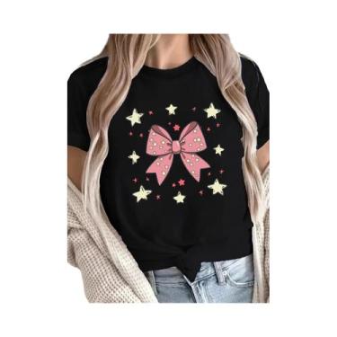 Imagem de Camiseta Feminina Harajuku Com Estampa De Estrela E Laço Rosa, Manga C