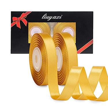 Imagem de Fita de cetim dourada dupla face de cor sólida 0,9 cm x 50 metros, fitas perfeitas para artesanato, decoração de casamento, fabricação de laços, costura, embalagem de presente e mais