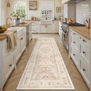 Imagem de WondRg Tapete vintage lavável bege 3x8 para sala de estar, quarto, macio, antiderrapante, leve, floral, pilha baixa, tapete envelhecido, corredor, cozinha, quarto, escritório