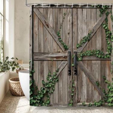 Imagem de Dazzlewall Cortina de chuveiro vintage para porta de celeiro, cortinas de chuveiro de folhas verdes para banheiro, cortinas de banheiro com ganchos, 183 x 182 cm