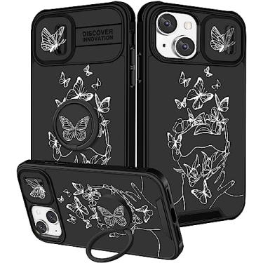 Imagem de Funermei (Capa 2 em 1 para iPhone 15 Plus para mulheres meninas capa borboleta fofa feminina bonita Kawaii adolescentes design com capa de câmera e suporte de anel preto fundo estético para iPhone 15 Plus capas de telefone 6,7 polegadas