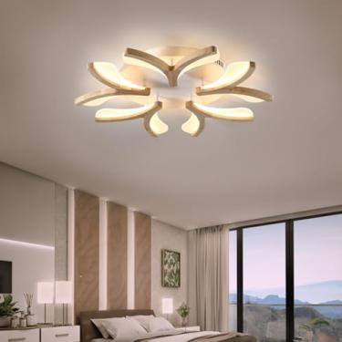 Imagem de Luminária de teto LED de madeira com controle remoto, luminária de teto para escritório com intensidade regulável em formato de flor, luminária moderna para quarto com controle remoto, lumin