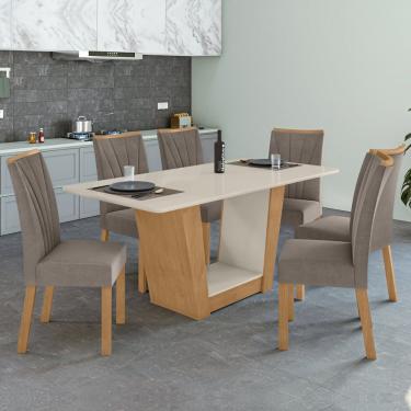 Imagem de Conjunto Sala De Jantar Mesa 170X90Cm Tampo Mdf/Vidro Com 6 Cadeiras Apogeu Móveis Lopas Amêndoa Clean/Off