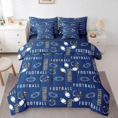 Imagem de jejeloiu Jogo de edredom de futebol americano com lençol de solteiro, Indianápolis, para decoração de quarto de meninos, meninas, adolescentes, cidade de futebol americano, 7 peças, azul, branco