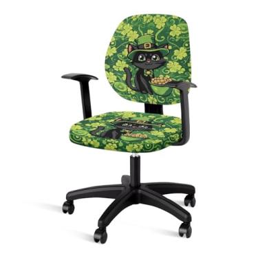 Imagem de YUVAMAGIMO 2 peças de capa de cadeira de escritório trevo gato preto Dia de São Patrício capa elástica para cadeira de computador com faixa elástica, decoração lavável macia para escritório em casa e