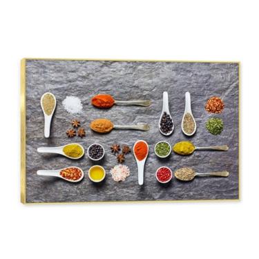 Imagem de NHLDZYH Moldura dourada. Tela decorativa cozinha, arte vintage especiarias coloridas, arte de parede quadros para sala de estar quarto cozinha. C99. 60x90cm