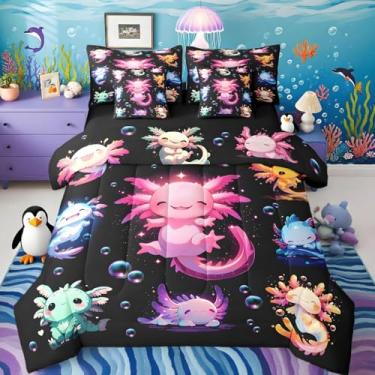 Imagem de Lindo jogo de cama Axolotl de 7 peças para meninos e crianças, Queen, salamandra, conjunto de edredom com lençóis, fronhas e fronhas, decoração de quarto, cama oceânica, lençol em uma bolsa