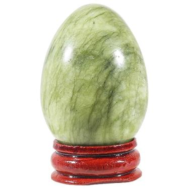 Imagem de Casaper Ovo de jade verde natural de 5 cm com suporte de madeira para decoração de casa, estatuetas de Fengshui com esfera de palmeira de cristal polido Reiki curativo
