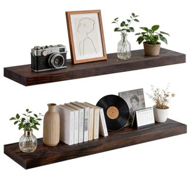 Imagem de ABSWHLM Prateleira de parede flutuante 91 x 17 x 4 cm – Prateleira de madeira maciça com acabamento de nogueira – Prateleira de exibição rústica resistente montada na parede para sala de estar