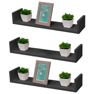 Imagem de Prateleira Suspensa U Suporte Parede Estante Madeira 60x12cm (3, Preto)