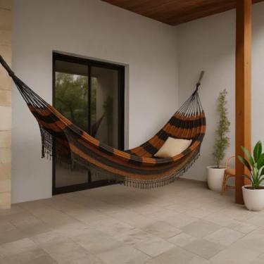 Imagem de Rede de Dormir Casal 100% Algodão Reforçada 4,50m - Luxo e Conforto para Quarto Adulto, Resistente e Suave, Ideal para Dormir Bem (Marrom e Preto)