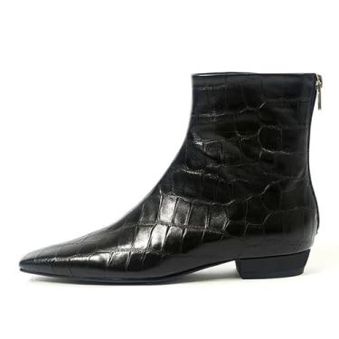 Imagem de LEMUTISME Vestido feminino elegante de couro fosco/camurça/estampa animal, casual, salto baixo, cano baixo, botas Chelsea, Padrão preto, 42