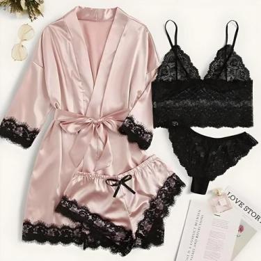 Imagem de Conjunto De Pijamas Sexy De Renda De Seda Para Mulheres Com Robe 4 Peç