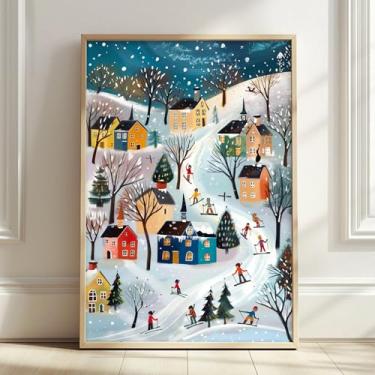 Imagem de Pintura de esqui de inverno, imagem de vila de Natal, arte de parede colorida de inverno, impressão de paisagem de neve, arte de esqui de Natal, arte de parede, cena de neve, casa de fazenda, pôster