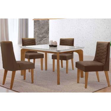 Imagem de Sala Jantar Mesa Londrina Tampo c/ Vidro Curvo 120cm 4 Cadeiras Maldivas Madeira Naturale/Off White - Capuccino/Suede Marrom - Rufato