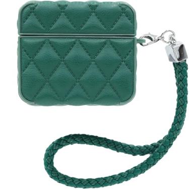 Imagem de Capa MC Fashion para AirPods 3, capa protetora acolchoada de couro PU com cordão trançado padrão de diamante fino compatível com AirPods 3ª geração (verde)