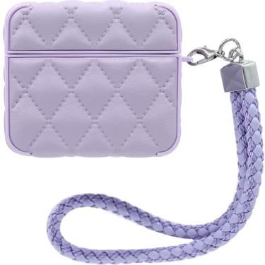 Imagem de Capa MC Fashion para AirPods 3, capa protetora acolchoada de couro PU com cordão trançado padrão de diamante fino compatível com AirPods 3ª geração (lavanda)