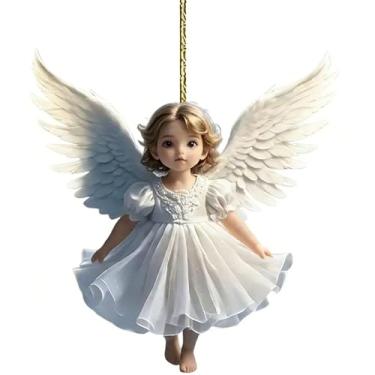 Imagem de Enfeites decorativos encantadores para pendurar – adoráveis pingentes de decoração de mochila de carro plano de acrílico com lindo design de anjo branco, 2 peças para decoração de casa e veículo