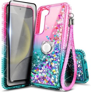 Imagem de Capa NGB projetada para Samsung Galaxy S23-FE, rosa/aqua | Capa fofa com glitter líquido brilhante | com protetor de tela, suporte de anel e cordão de pulso para mulheres, meninas e crianças