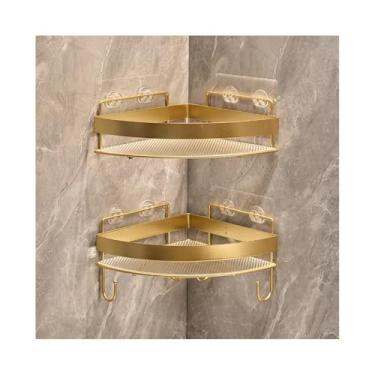 Imagem de Suporte de chuveiro de canto com ganchos, prateleiras de chuveiro triangulares montadas na parede, organizador de chuveiro de acrílico sem perfuração, com cerca de metal para banheiro (dourado)