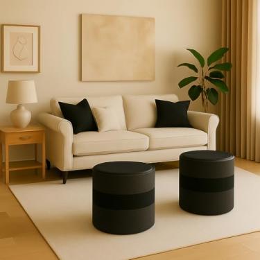 Imagem de Kit Puff Redondo Estofado 2 Unidades em – Design Moderno com Faixa Decorativa para Sala, Quarto e Escritório – Suporta até 100kg(Cinza/Preto)